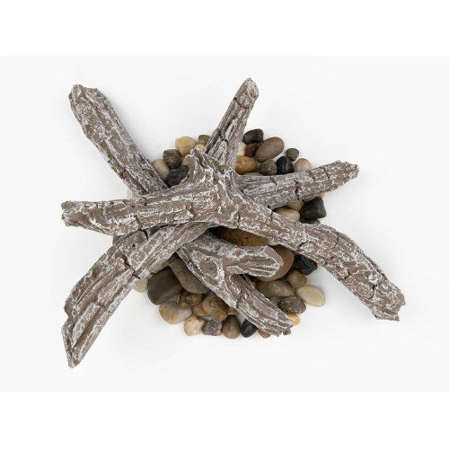 Napoleon NEF-DRAK50 decorative driftwood log kit with a natural river rock base for electric fireplaces.
