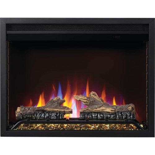 Napoleon NEFB26H Cineview 26-inch built-in electric fireplace featuring multi-colored flames and dual log and glass media.
