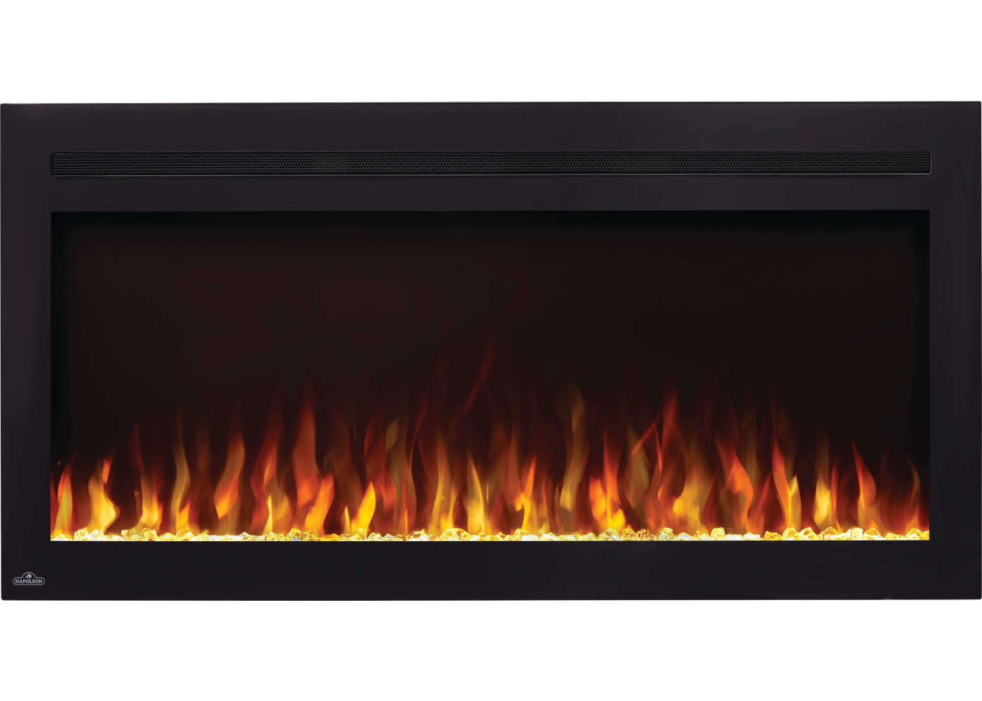 Napoleon NEFL42HI Purview 42-inch linear wall-mount electric fireplace with a vibrant orange flame display and crystal ember bed.