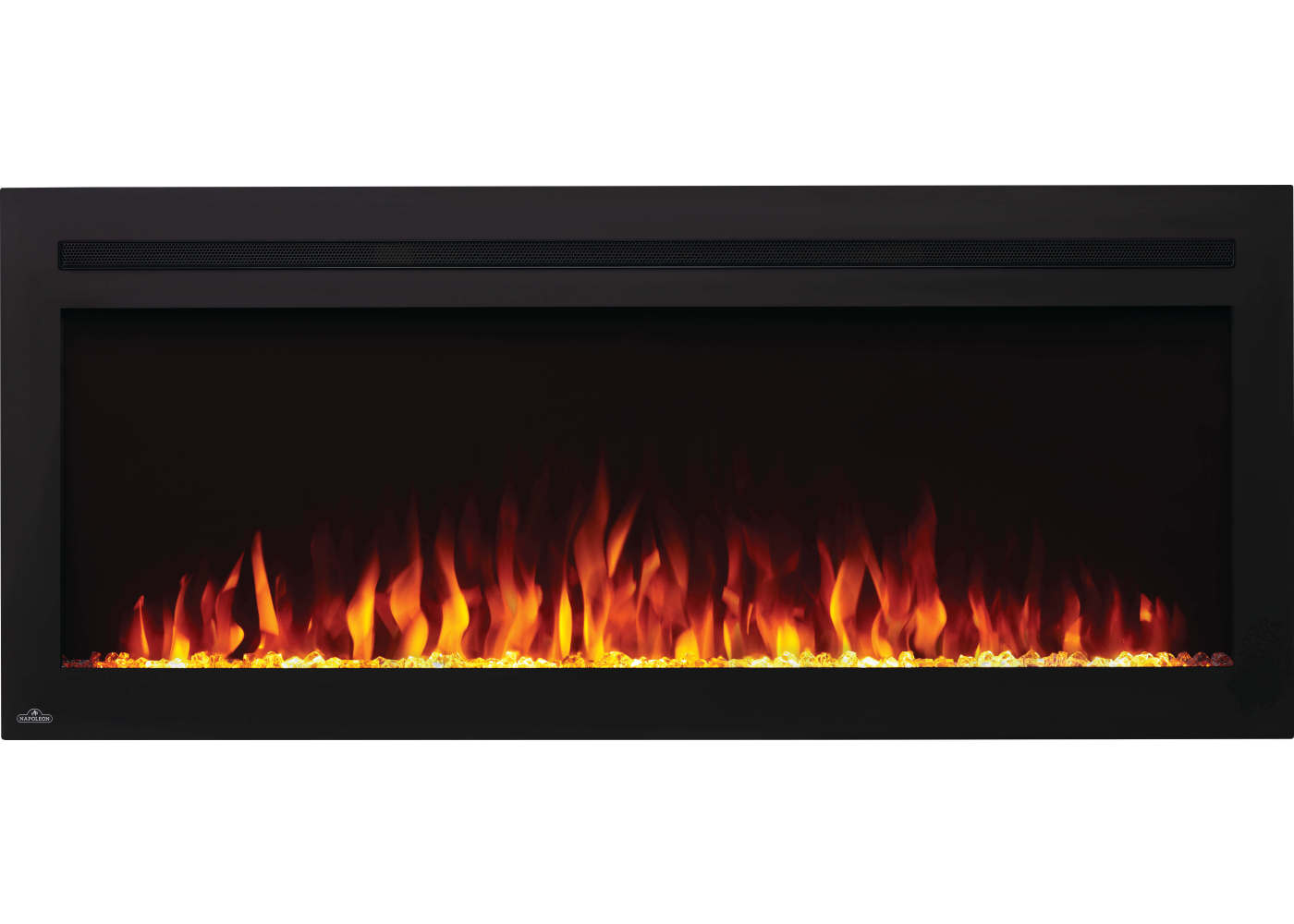 Napoleon NEFL50HI Purview 50-inch linear electric fireplace featuring a wide black frame and vibrant orange flames over a crystal ember bed.