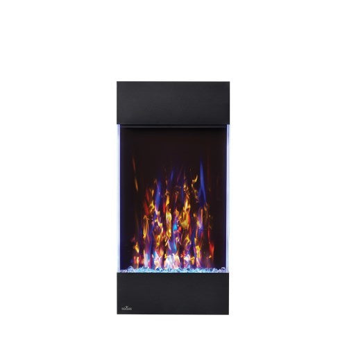Napoleon NEFVC32H Allure 32-inch vertical electric fireplace featuring a tall black frame and vibrant blue and orange multi-color flames.