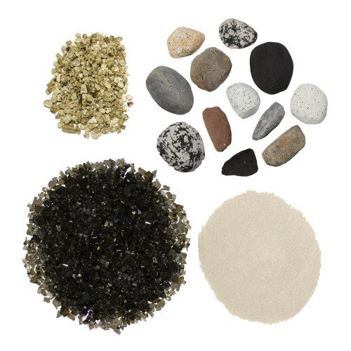 Napoleon SFKS Shore Fire media kit featuring a variety of natural river rocks, sand, vermiculite, and dark glass embers.