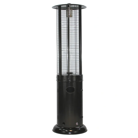 RADtec 80-inch black propane patio heater with clear glass and ellipse flame.