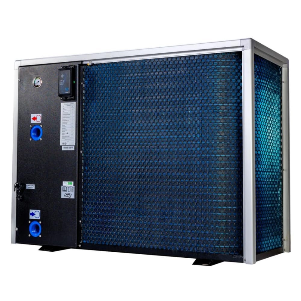 TropicCal pool heat pump rear view showing service panel, plumbing connections, and blue coil