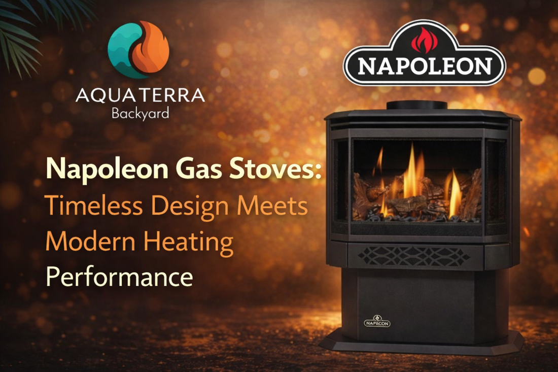 Napoleon gas stoves featured by Aqua Terra Backyard, highlighting a freestanding direct vent natural gas stove with realistic flame and classic design