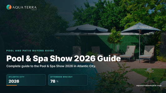 Pool & Spa Show 2026 Guide, over a landscaped backyard pool.