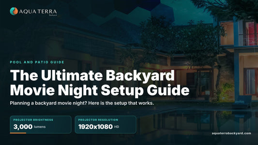 The Ultimate Backyard Movie Night Setup Guide, over a lit pool at night.