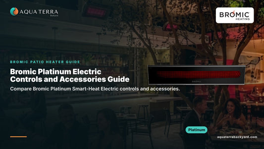 Bromic Platinum Electric Controls and Accessories Guide. Platinum shown against a patio at night under Bromic heaters.
