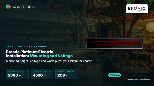 Bromic Platinum Electric Installation: Mounting and Voltage. Platinum shown against a patio at night under Bromic heaters.