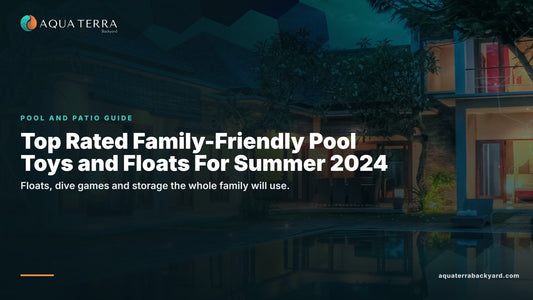 Top Rated Family-Friendly Pool Toys and Floats For Summer 2024, over a lit pool at night.
