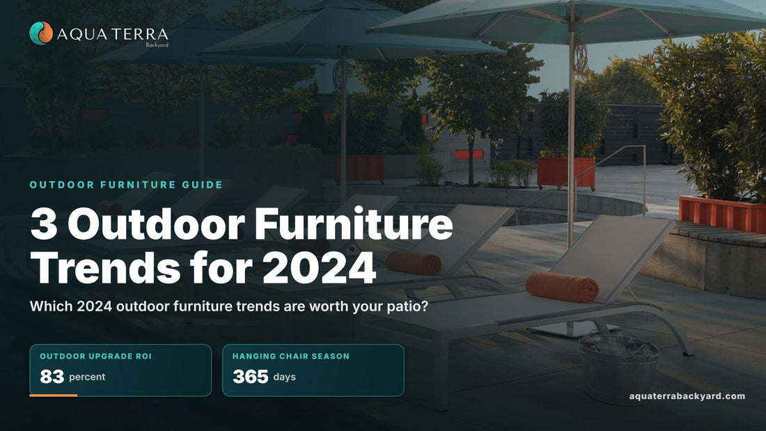 3 Outdoor Furniture Trends for 2024, over patio furniture under a shade umbrella.