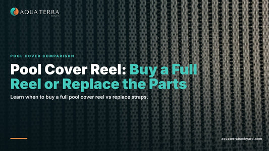 Pool Cover Reel: Buy a Full Reel or Replace the Parts, over a gray safety cover on a pool.