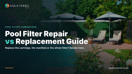 Pool Filter Repair vs Replacement Guide, over a landscaped backyard pool.