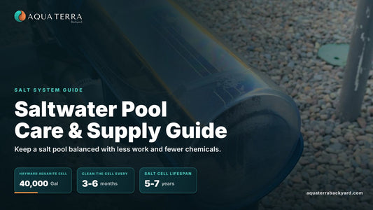 Saltwater Pool Care & Supply Guide, over a pool equipment pad.