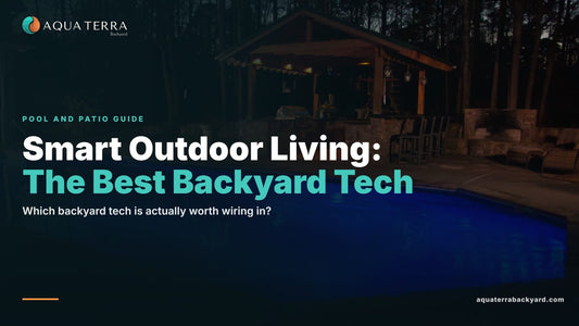 Smart Outdoor Living: The Best Backyard Tech, over a pool at twilight.