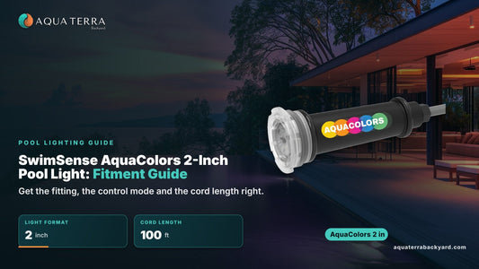 SwimSense AquaColors 2-Inch Pool Light: Fitment Guide. AquaColors 2 in shown against a color LED pool light underwater.