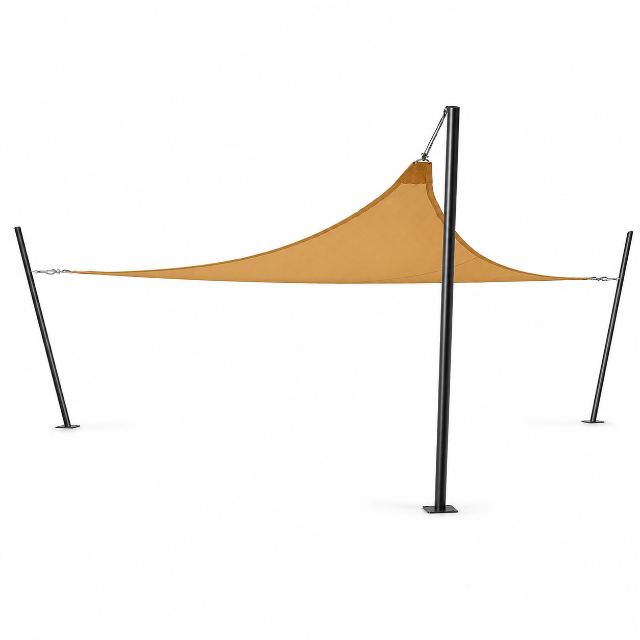 Tara Mod Shade poles carrying a tensioned tan shade sail on a white background