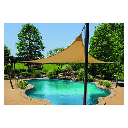 Tara Mod Shade poles anchoring a tan shade sail kit over a freeform swimming pool