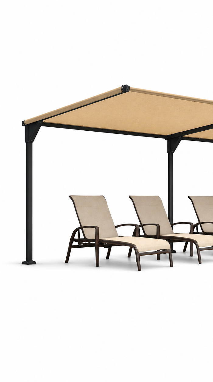 End section of a Tara Shade DeLux cantilever shade on a white background, showing the open back edge a back shade panel mounts to