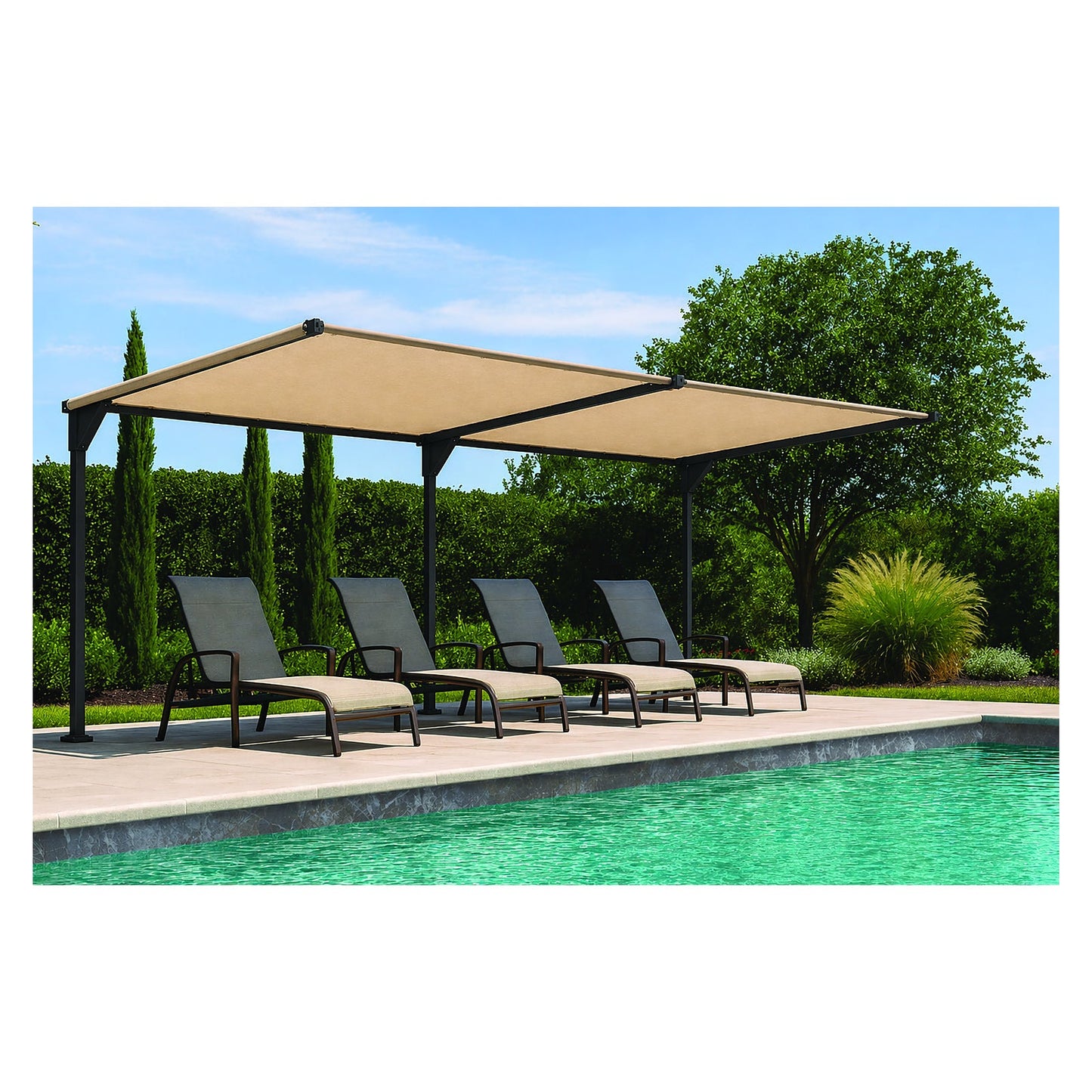 Tara Shade DeLux extended into a longer canopy run, covering four poolside loungers