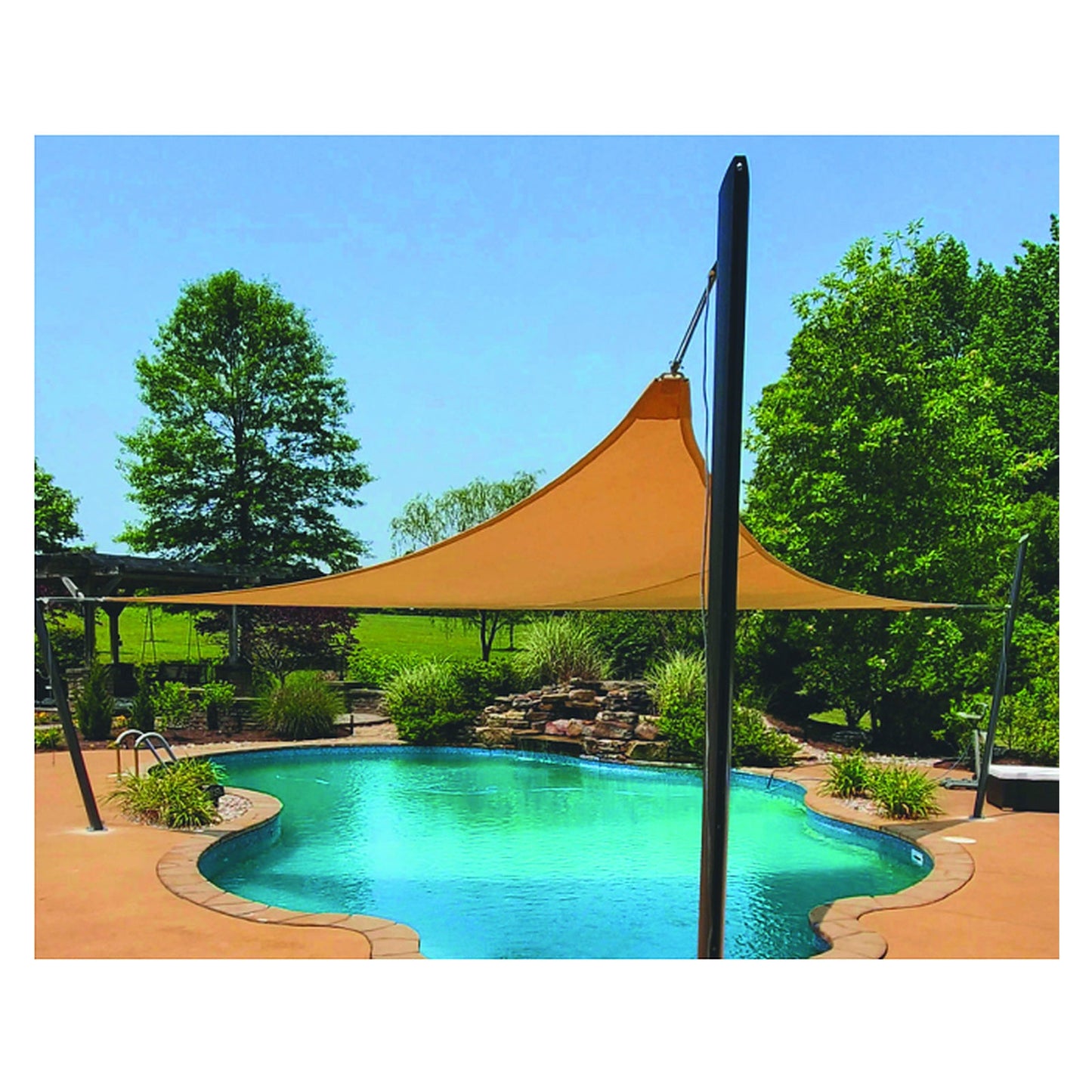 Tara Mod Shade poles carrying a tensioned tan shade sail beside a freeform pool