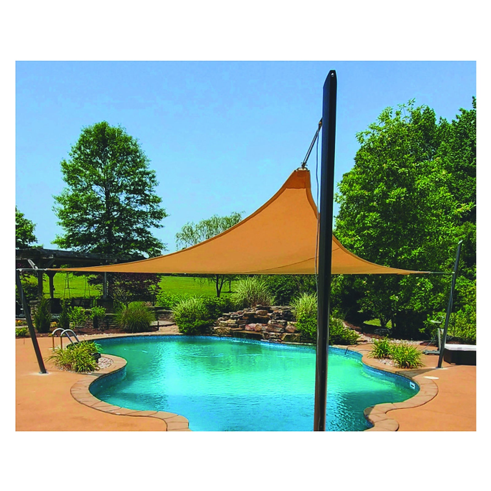 Tara Mod Shade poles carrying a tensioned tan shade sail beside a freeform pool