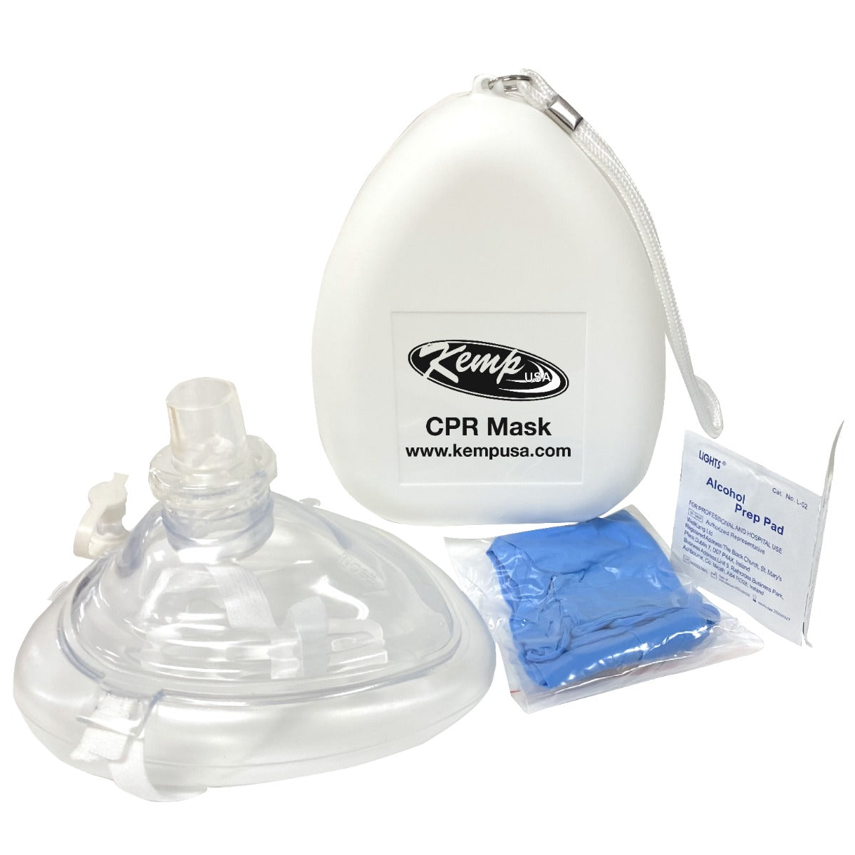 Ambu CPR Mask with O2 Inlet, Headstrap, Gloves and Wipes, Kemp USA