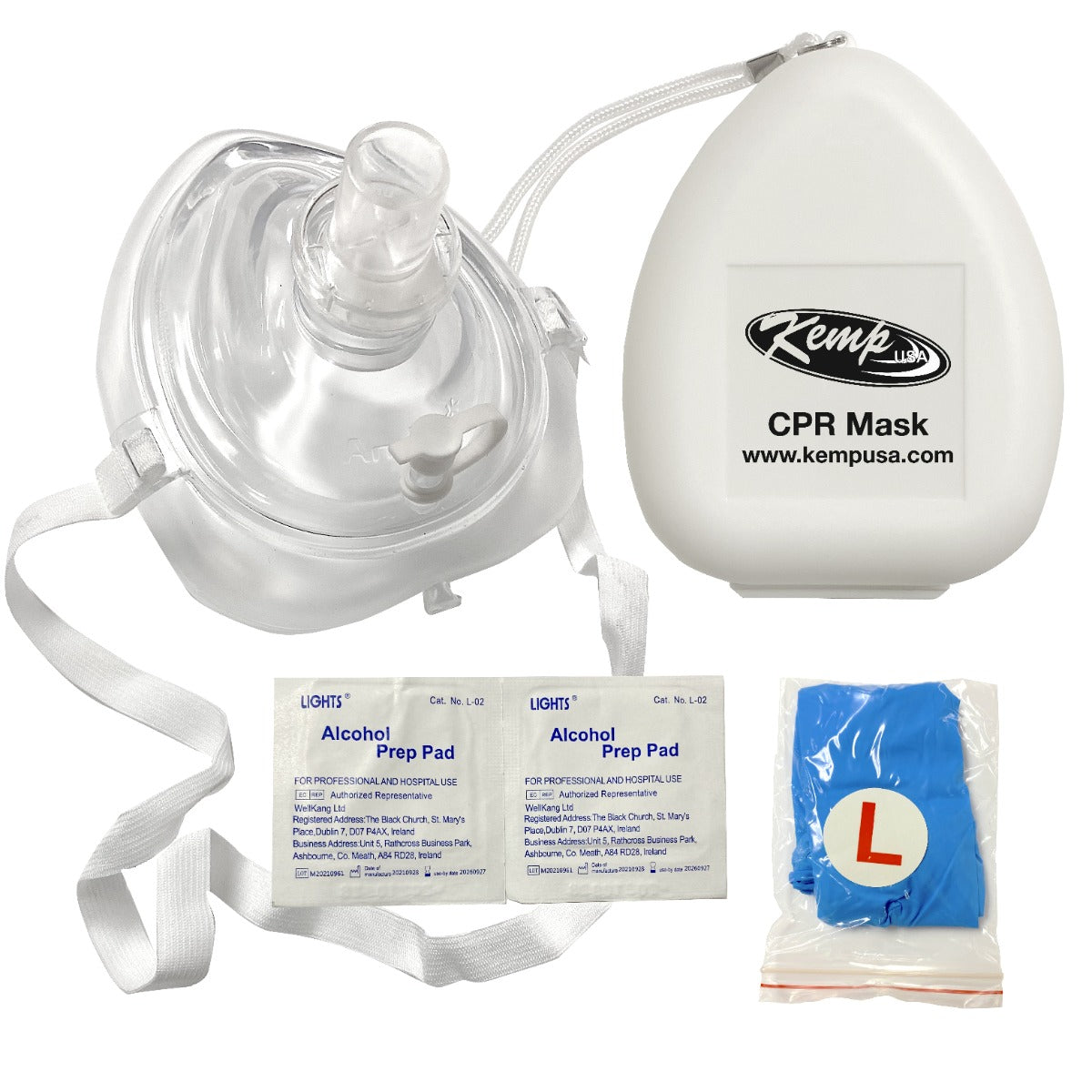 Ambu CPR Mask with O2 Inlet, Headstrap, Gloves and Wipes, Kemp USA