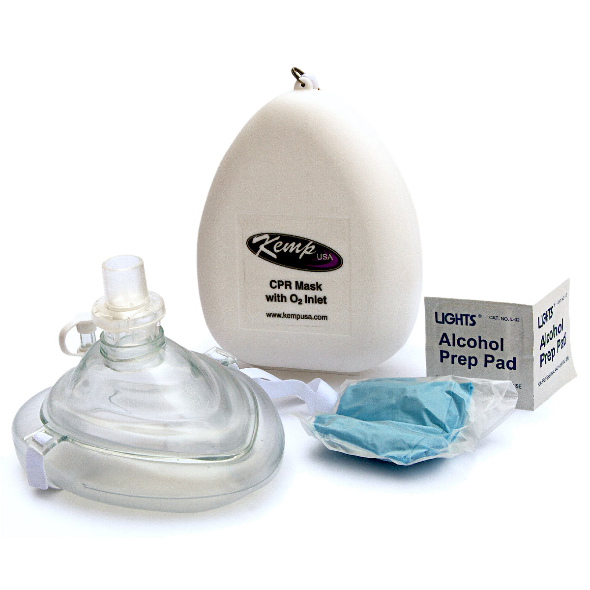 Ambu CPR Mask with O2 Inlet, Headstrap, Gloves and Wipes, Kemp USA