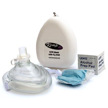 Ambu CPR Mask with O2 Inlet, Headstrap, Gloves and Wipes, Kemp USA
