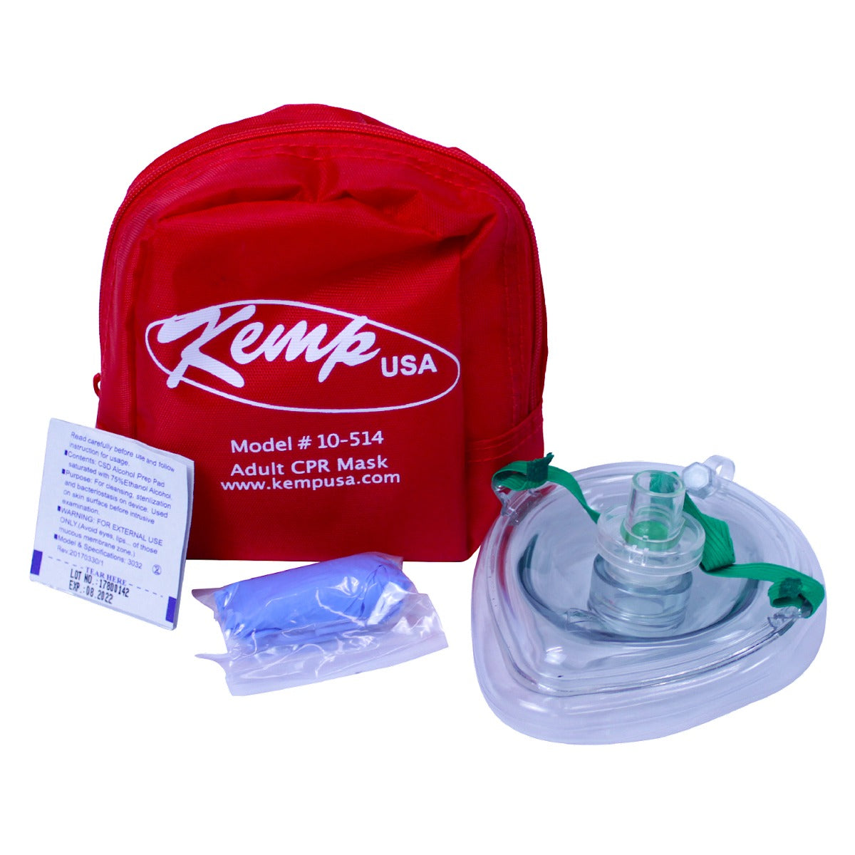 Kemp USA CPR Mask with O2 Inlet, Headstrap, Gloves, and Wipes in Soft Case Pouch, Kemp USA