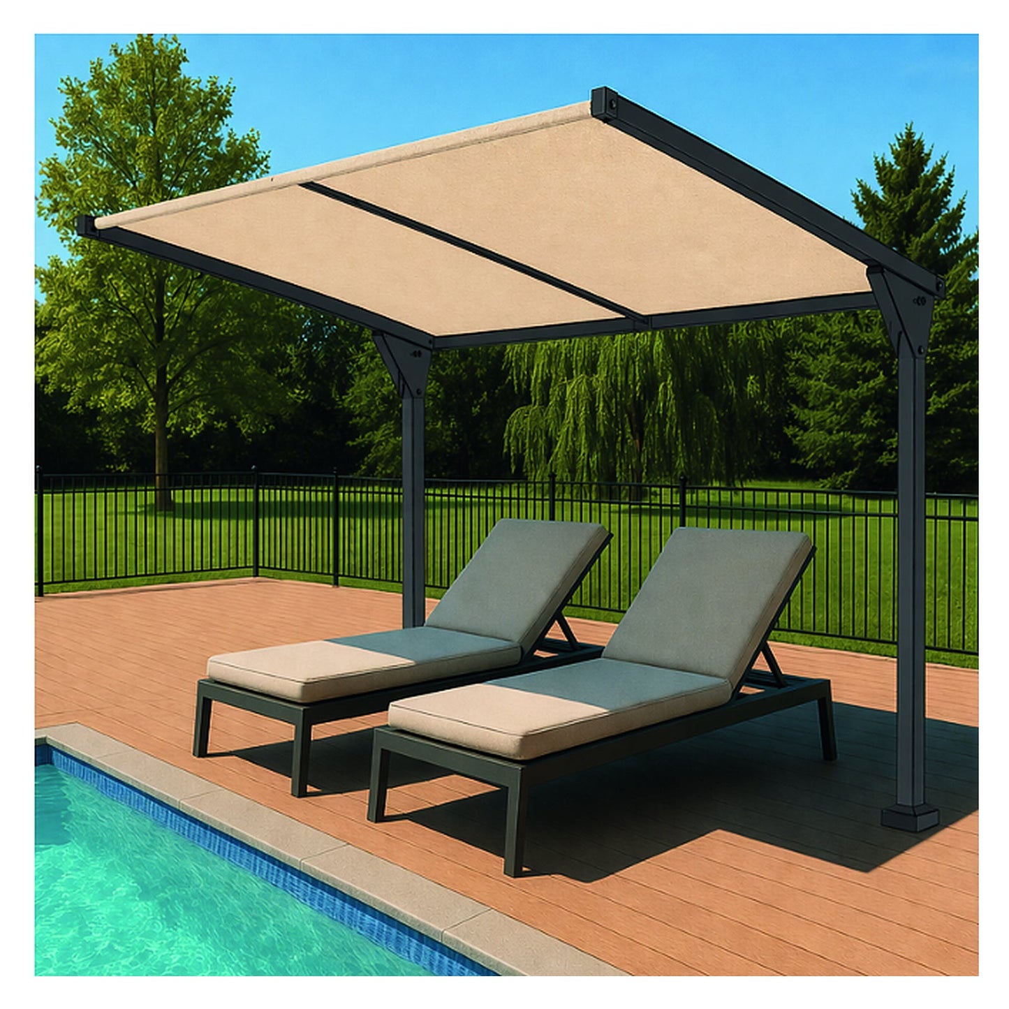 Tara Shade DeLux cantilever shade over a poolside deck, tan canopy carried on an offset post frame above two loungers