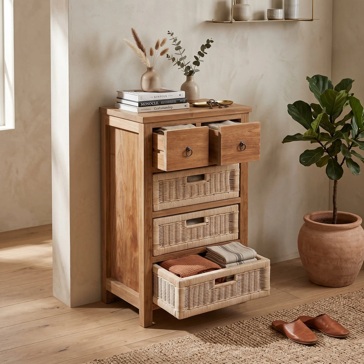 Anderson Teak Safari Occasional Table w/ Drawer & Rattan Baskets