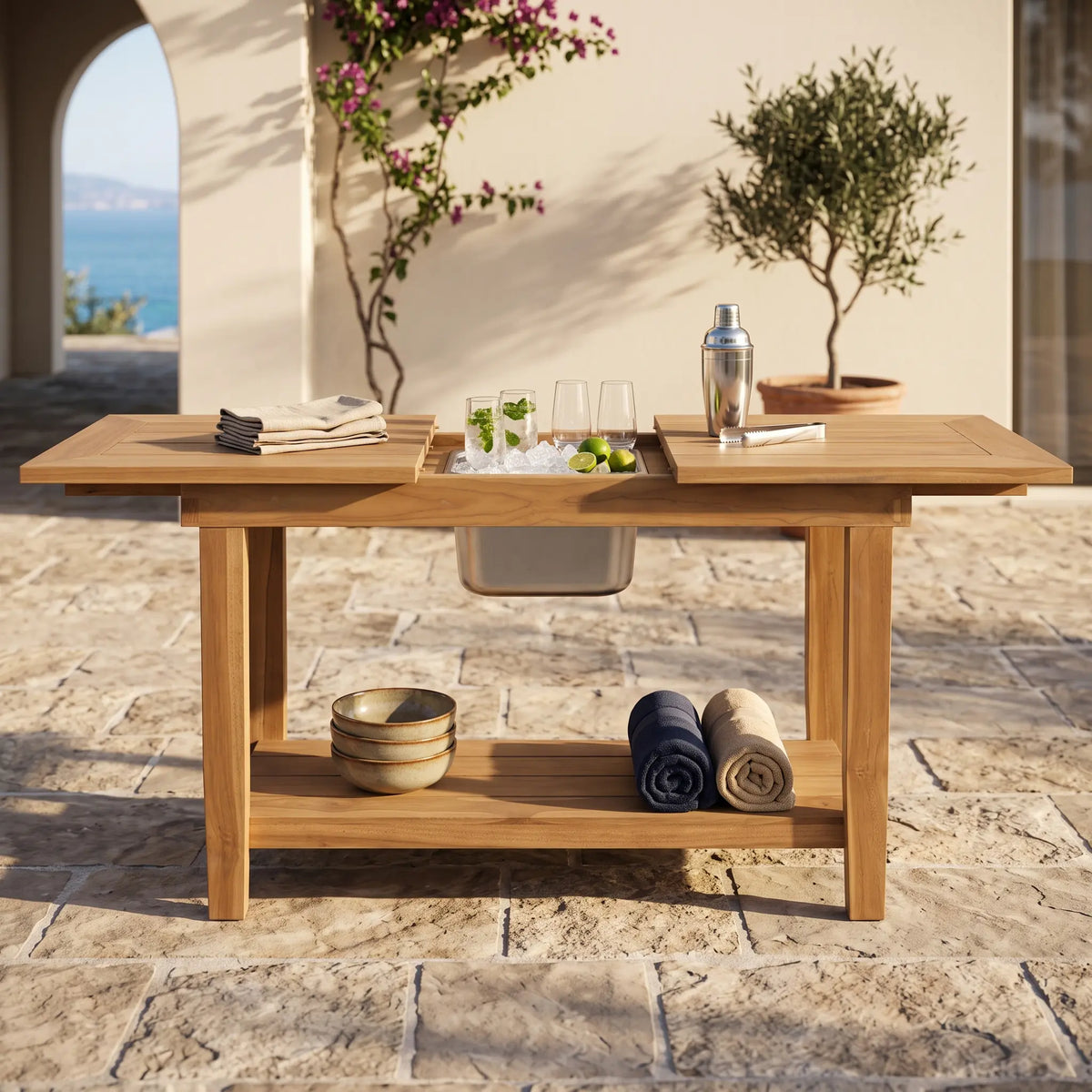 Anderson Teak Nautilus Console Table w/ SS Container