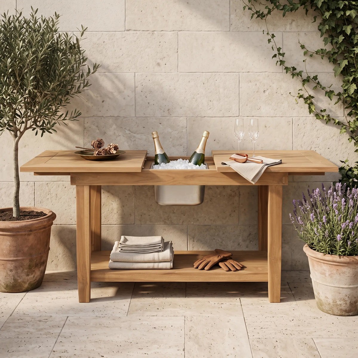 Anderson Teak Nautilus Console Table w/ SS Container