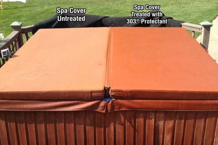 Hot tub cover untreated on the left and treated on the right