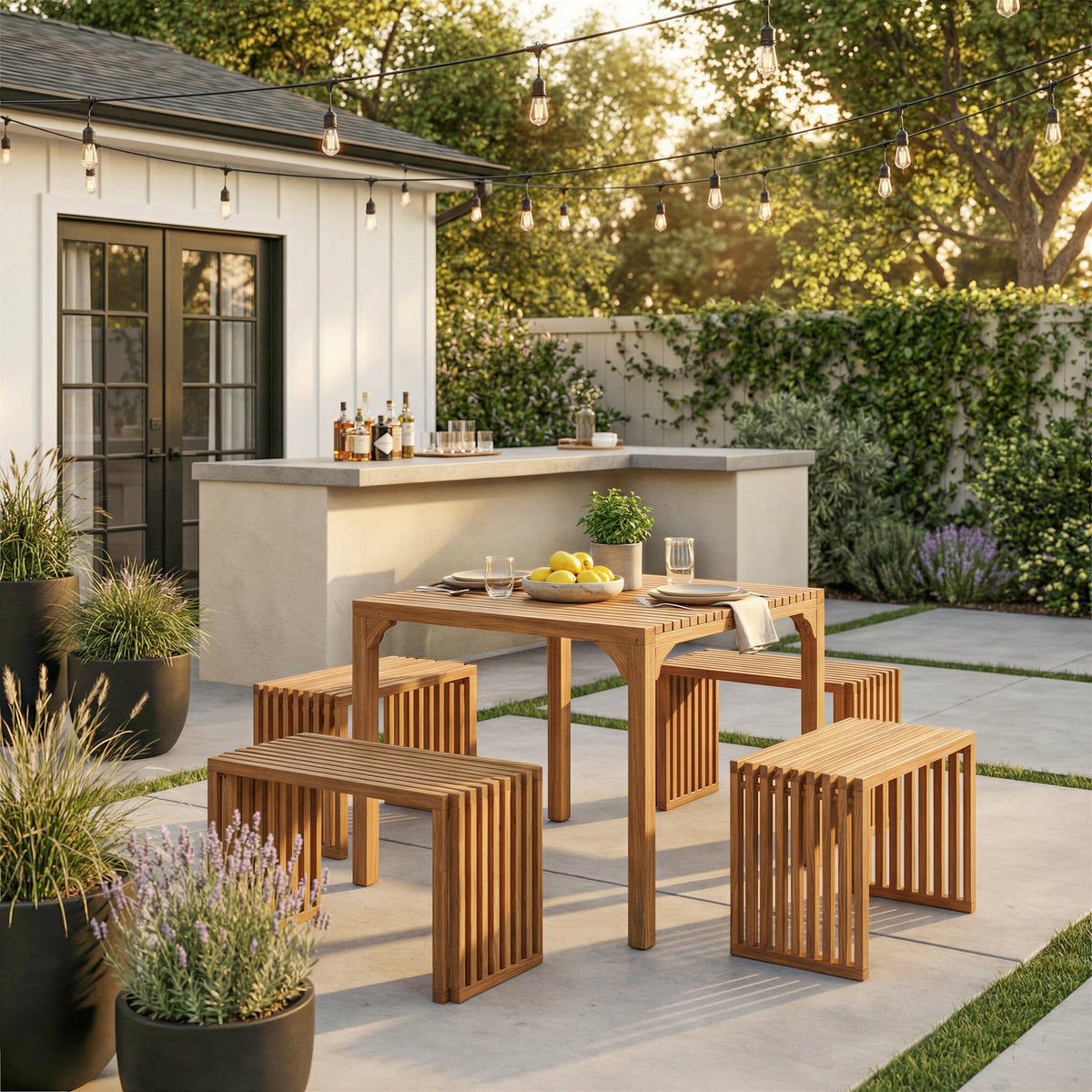 Riviera Outdoor Patio Extendable Bench, Set of 2, Natural