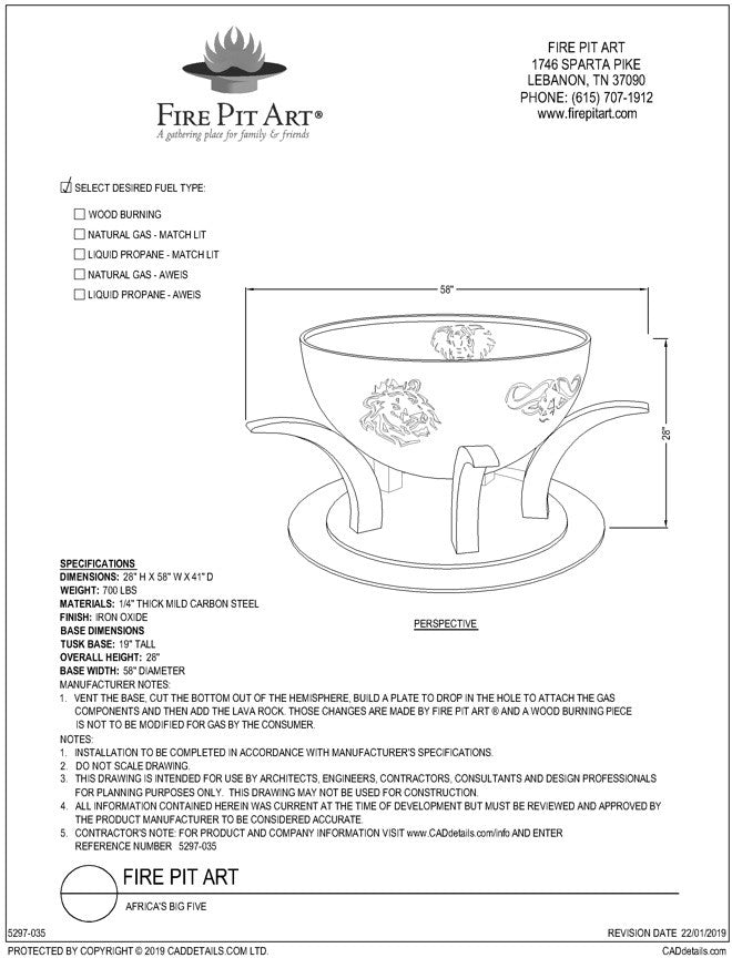 Fire Pit Art Africa's Big Five Fire Pit, 41", dimension drawing