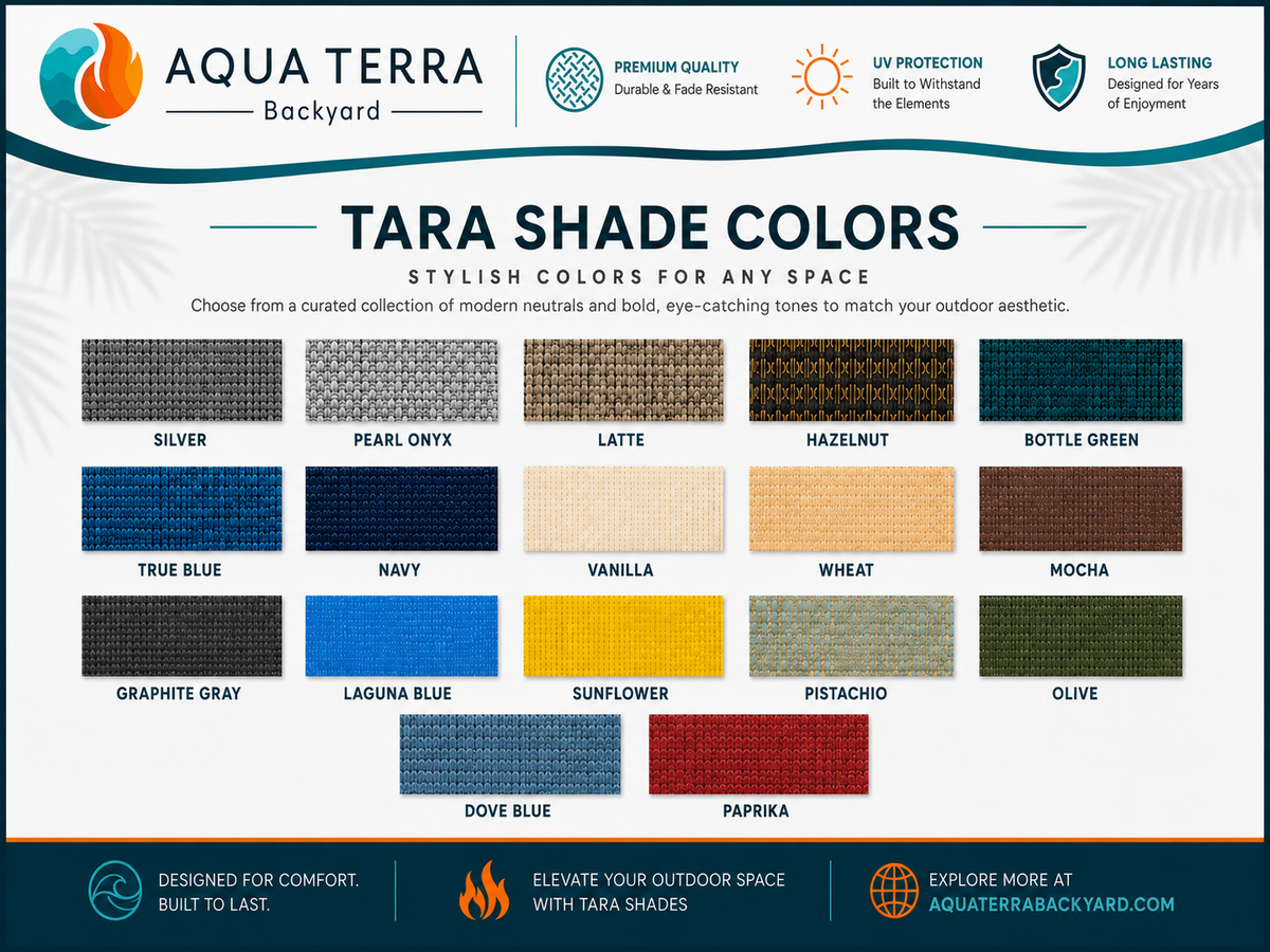 Aqua Terra Backyard Tara Shade Color Swatch Guide showing all 17 Tara shade fabric colors