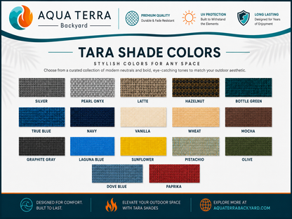 Aqua Terra Backyard Tara Shade Color Swatch Guide showing all 17 Tara shade fabric colors