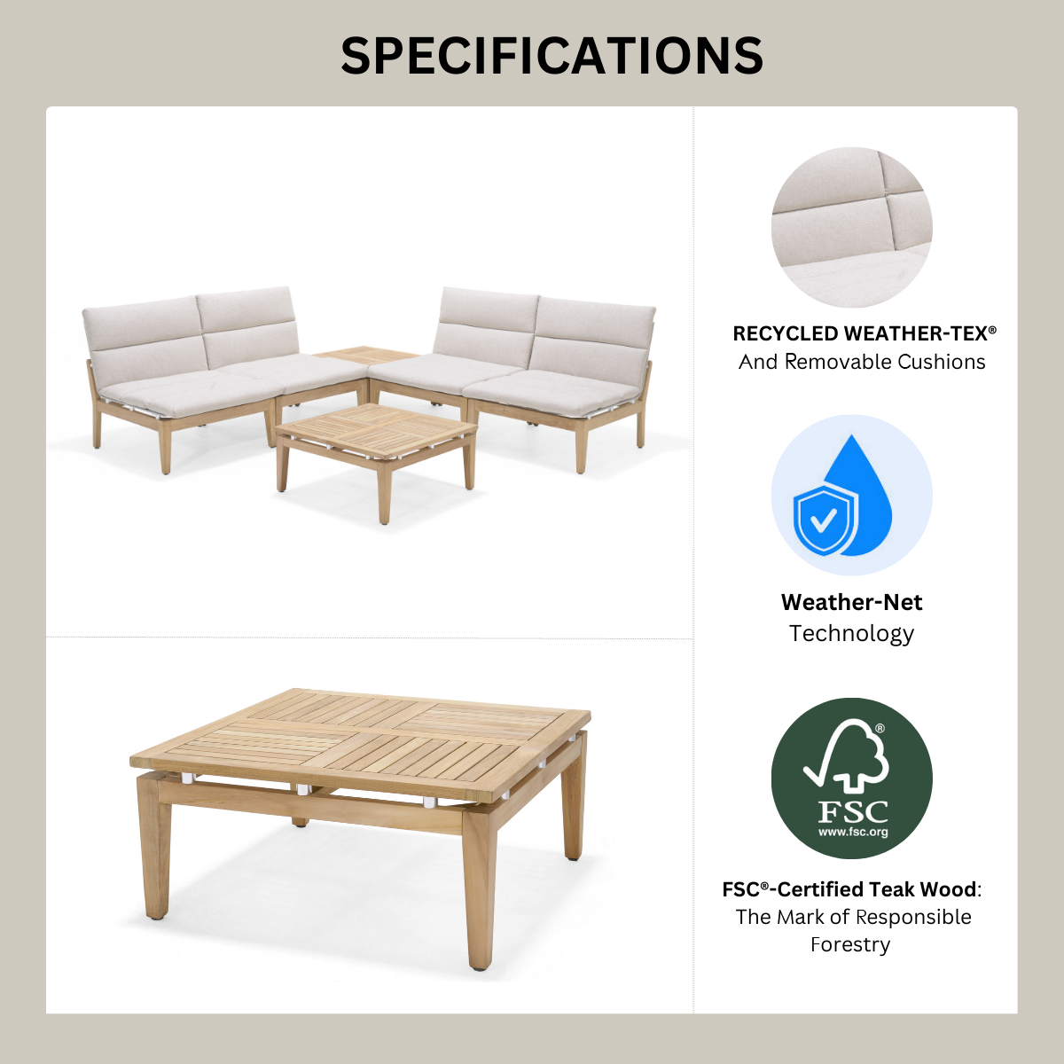 LifestyleGarden Arno Teak Modular 6 Piece Outdoor Corner Sofa Set, Light