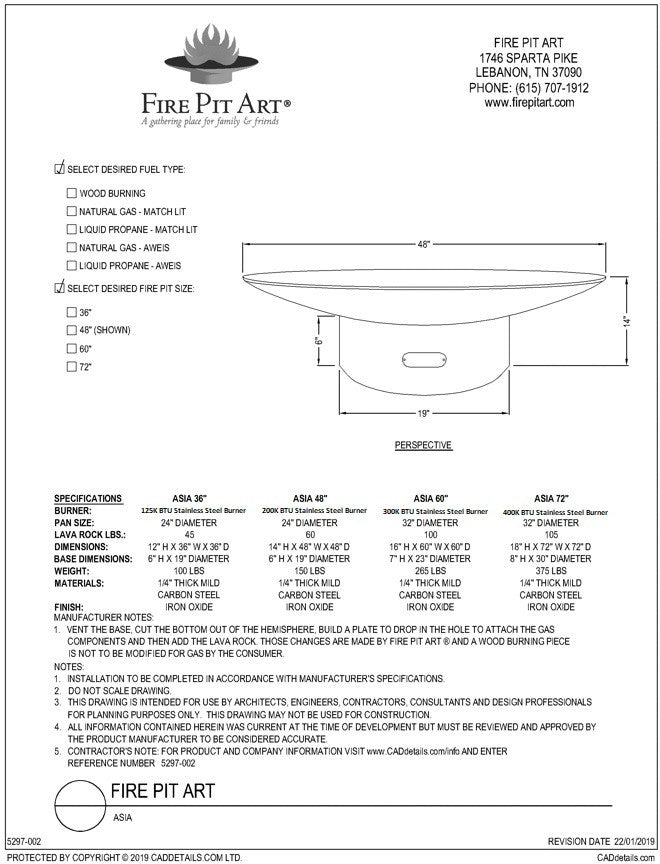 Fire Pit Art Asia Fire Pit, 36", dimension drawing