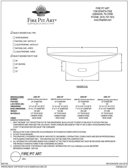 Fire Pit Art Asia Fire Pit, 36", dimension drawing
