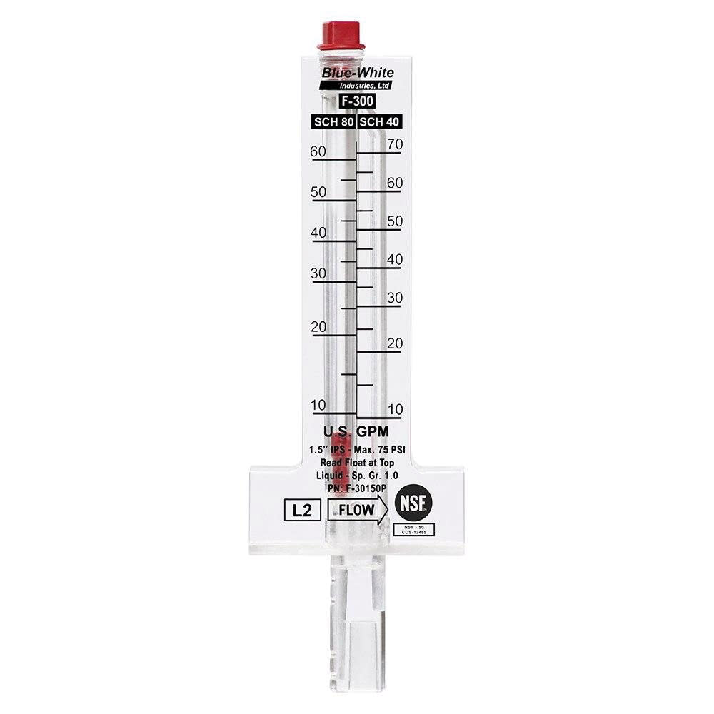 Blue White 1.5" PVC Flowmeter, Top Mount, for Horizontal Pipe, 10 - 70 GPM | F-30150P