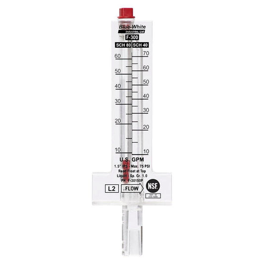 Blue White 1.5" PVC Flowmeter, Top Mount, for Horizontal Pipe, 10 - 70 GPM | F-30150P