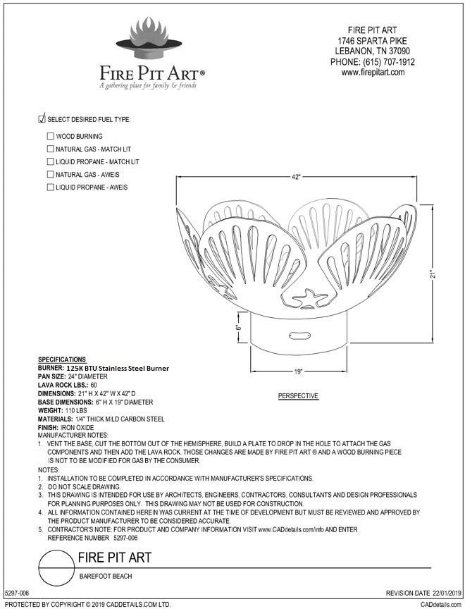 Fire Pit Art Barefoot Beach Fire Pit, 42", dimension drawing