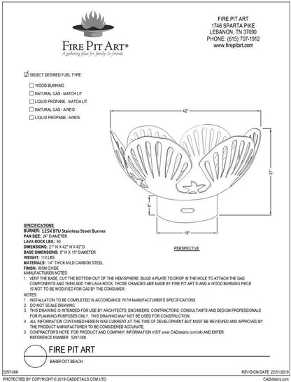 Fire Pit Art Barefoot Beach Fire Pit, 42", dimension drawing
