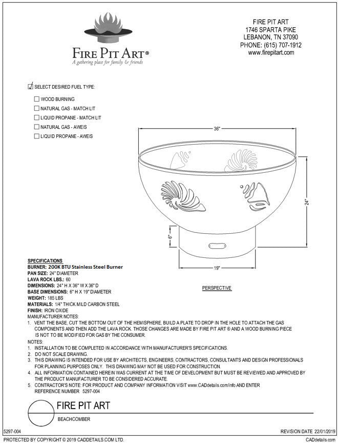 Fire Pit Art Beachcomber Fire Pit, 36", dimension drawing