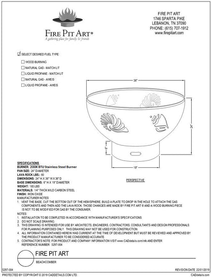 Fire Pit Art Beachcomber Fire Pit, 36", dimension drawing