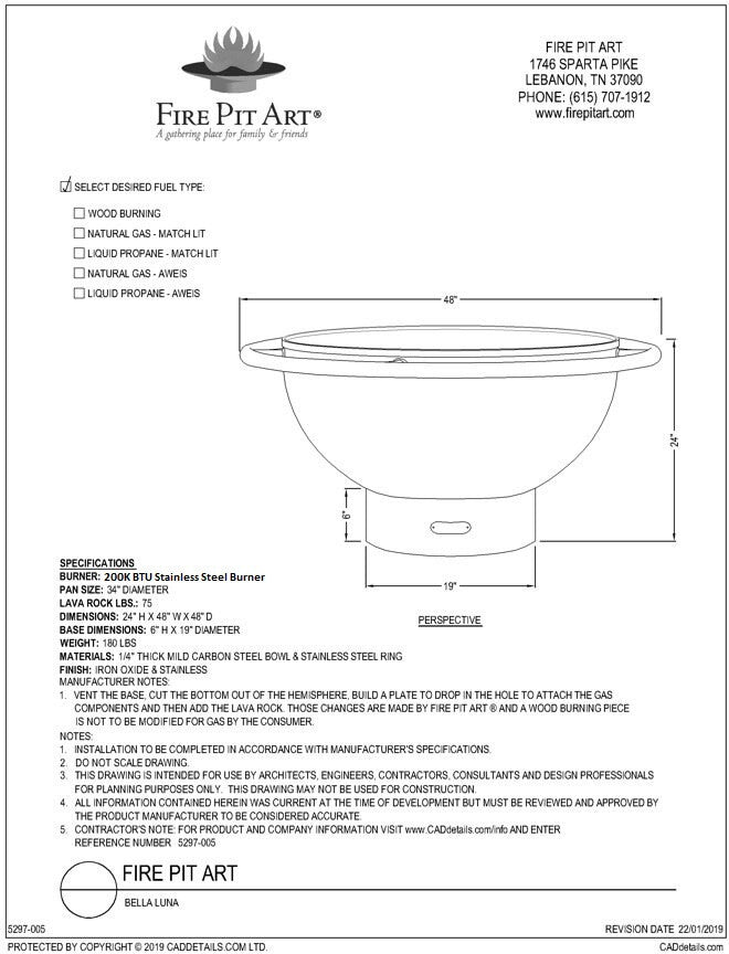 Fire Pit Art Bella Luna Fire Pit, 48", dimension drawing